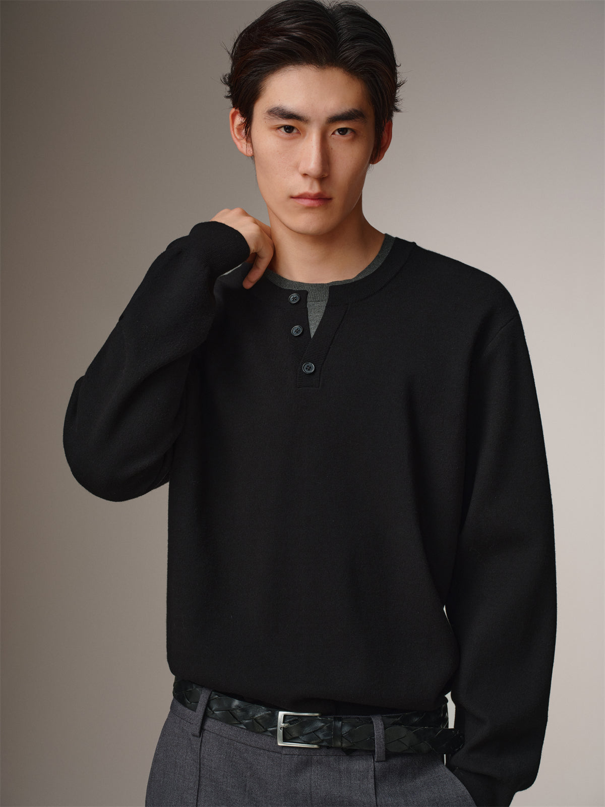 Men's Layered-Look Henley Knit Sweater