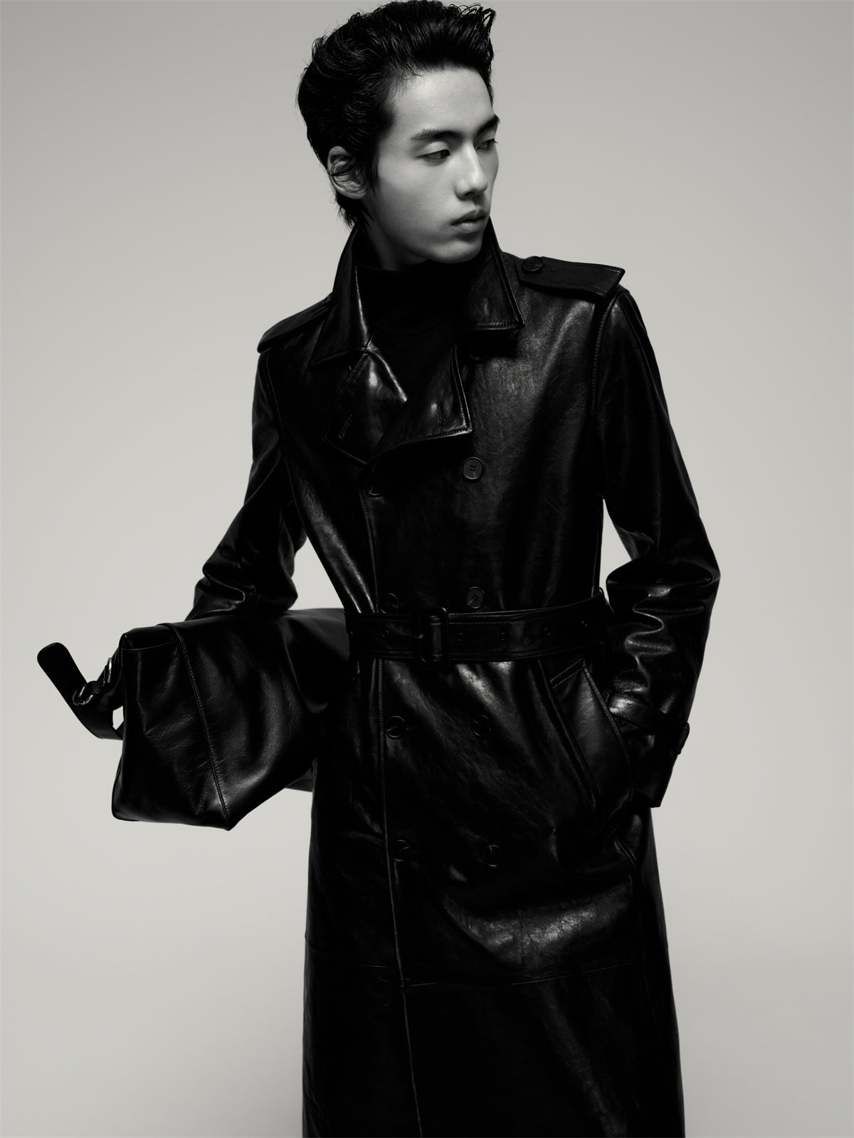 Men's Long Double-Breasted Leather Coat