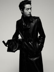 Men's Long Double-Breasted Leather Coat