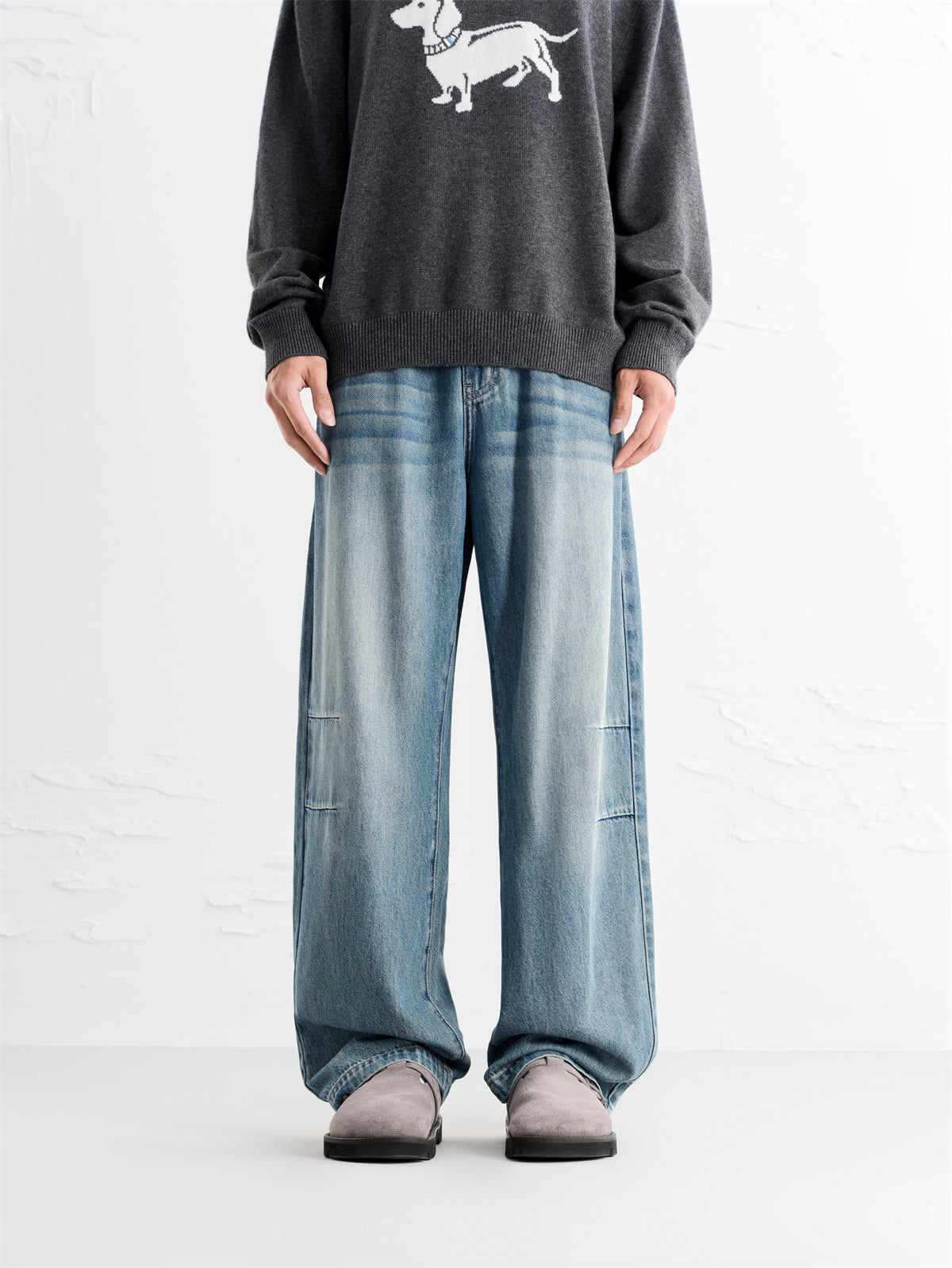 Men's Pleated Straight-Leg Wide Jeans