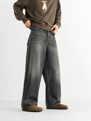 Men's Vintage Distressed Ripped Wide-Leg Cotton Jeans