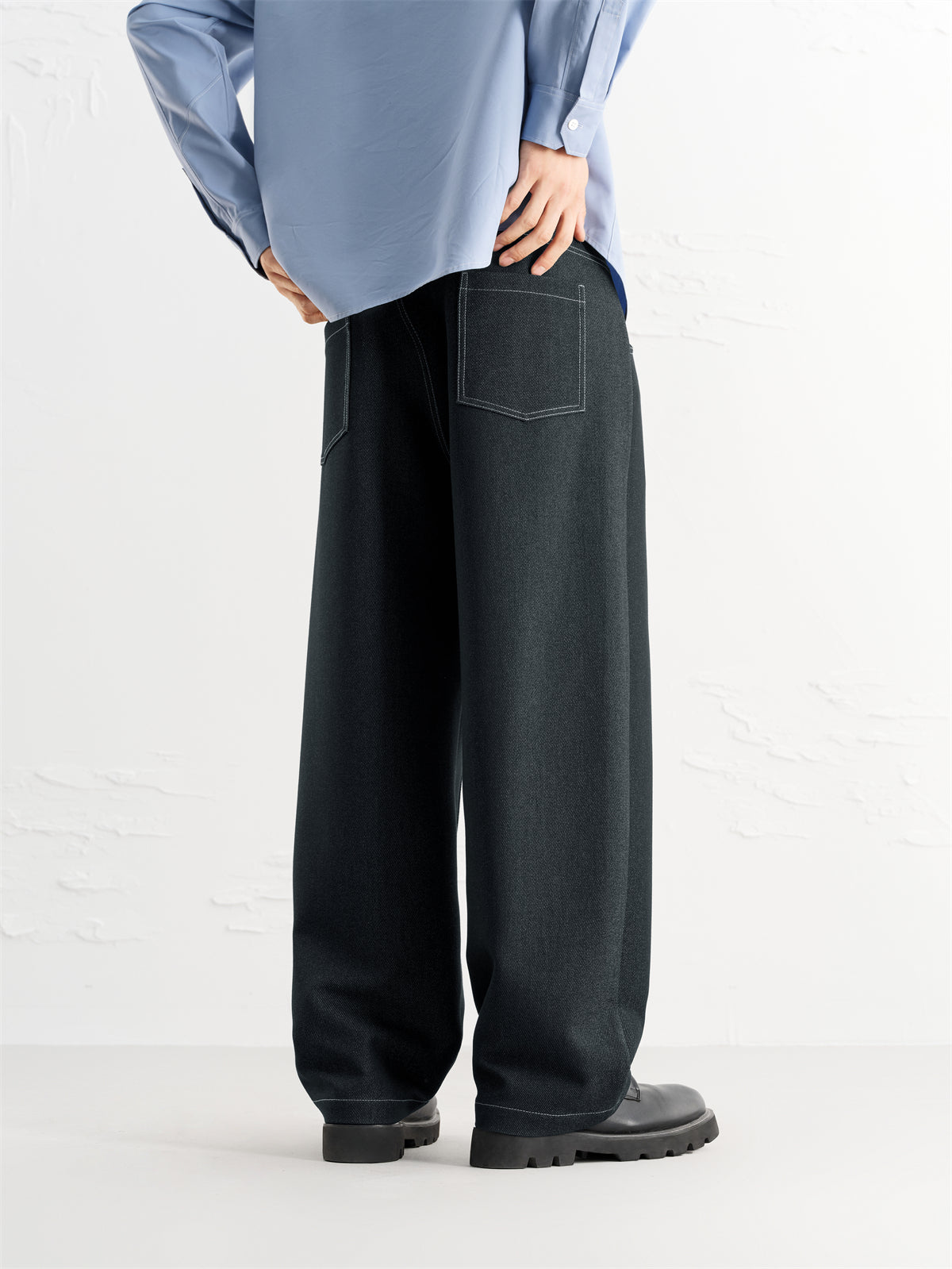 Men's Vintage Contrast-Stitched Wide-Leg Faux Denim Pants
