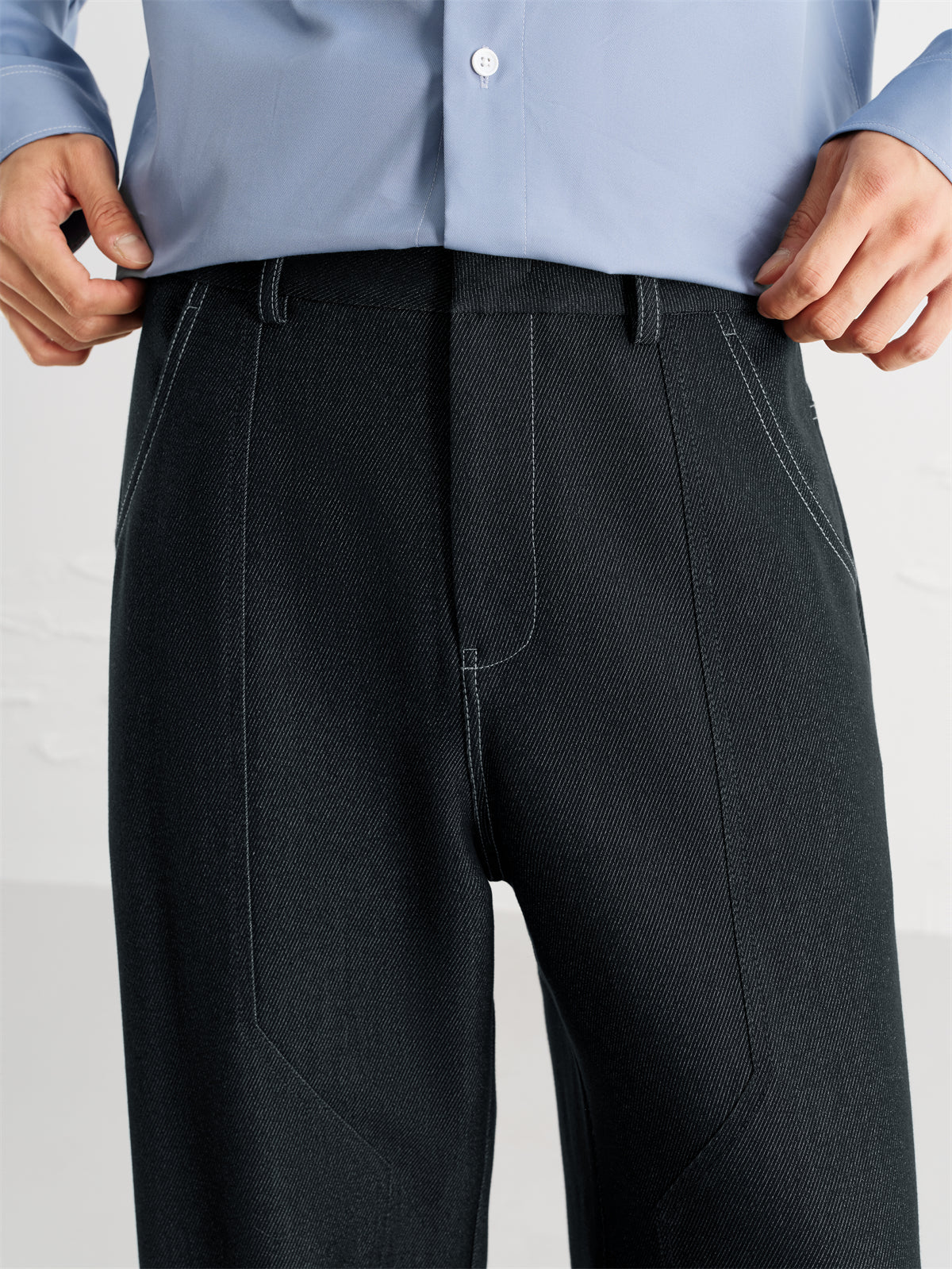 Men's Vintage Contrast-Stitched Wide-Leg Faux Denim Pants