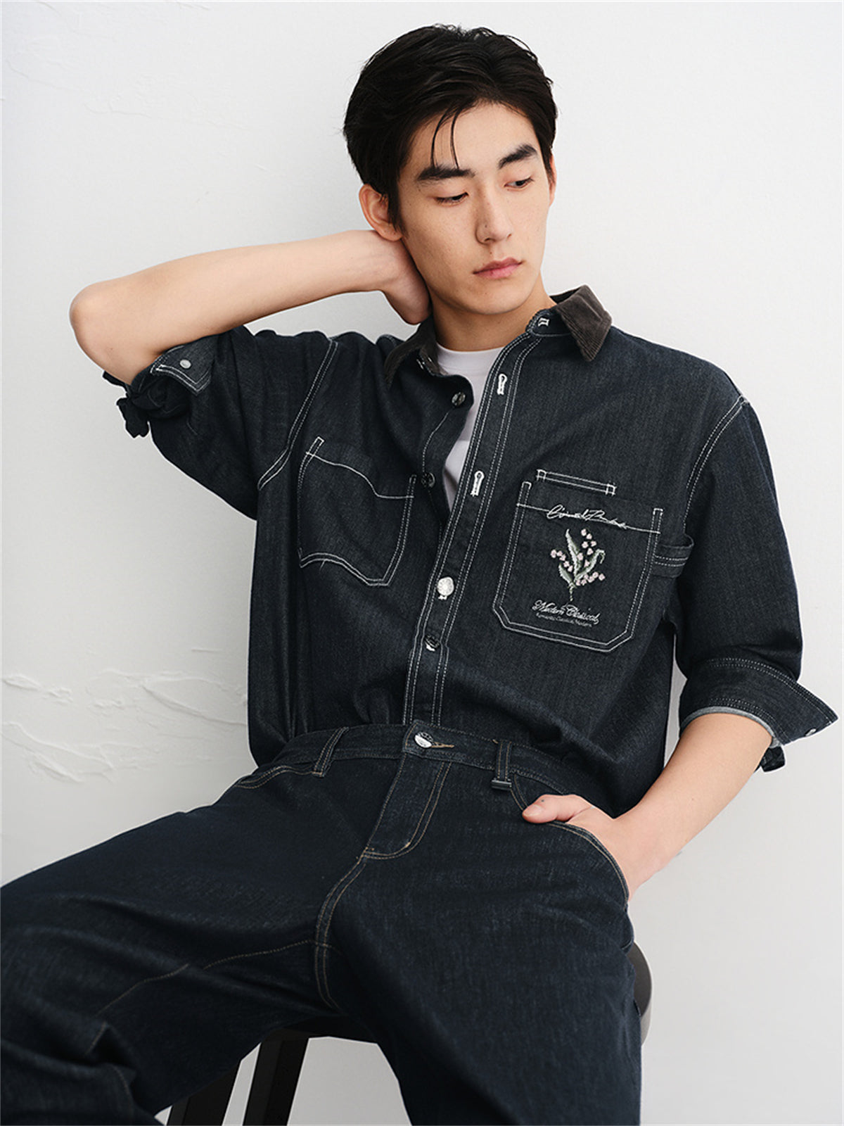 Men's Embroidered Shirt with Corduroy Panels