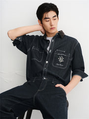 Men's Embroidered Shirt with Corduroy Panels