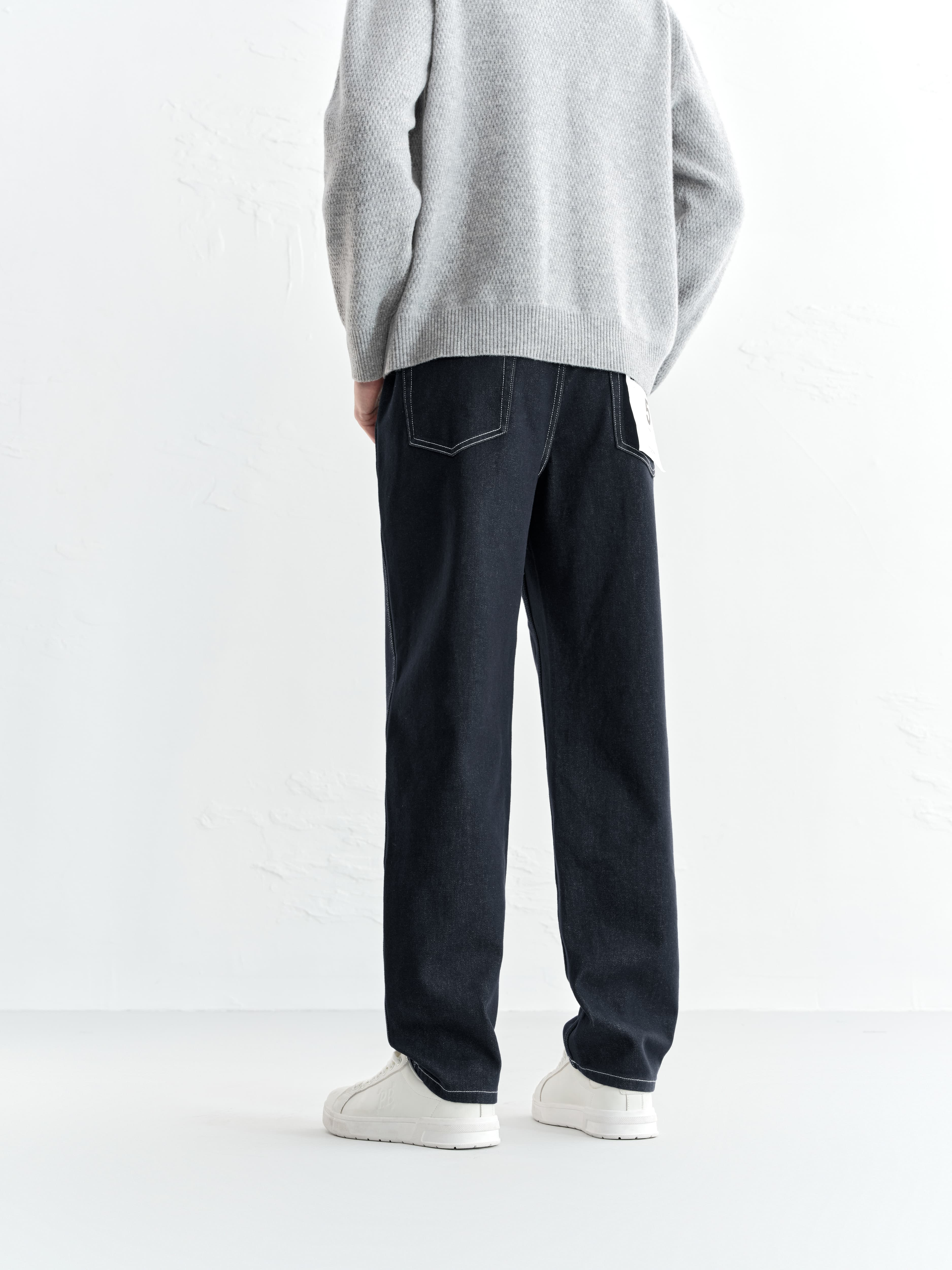 Men's Warm Contrast-Stitch Straight Jeans
