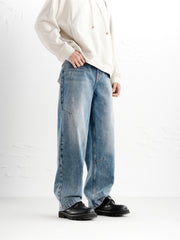 Men's Washed Distressed Wide-Leg Jeans