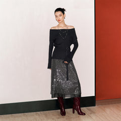 Women's Metallic Off-Shoulder Knit Top with Belt