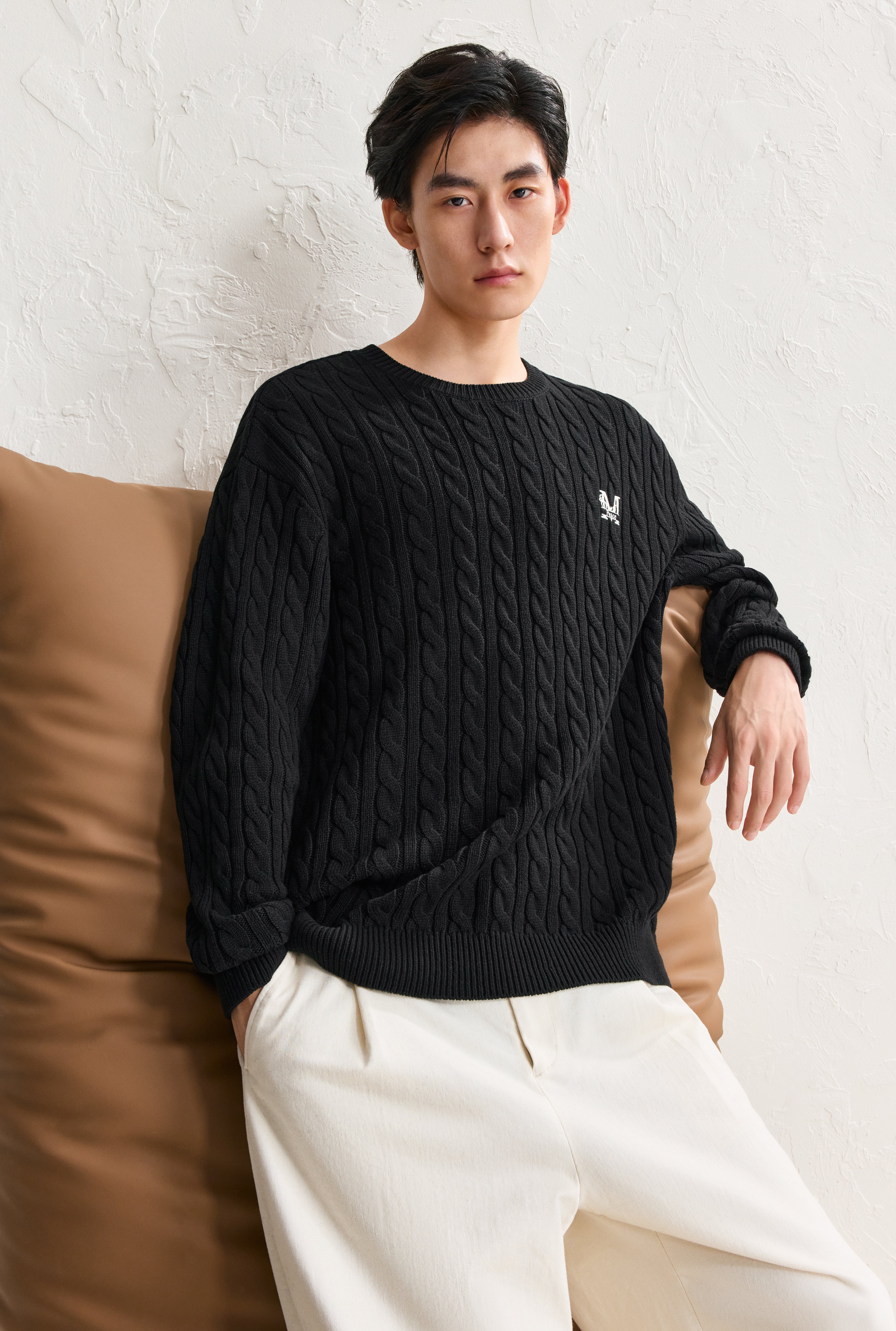 Men's Embroideried Cable-Knit Pullover