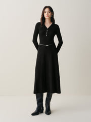 Women's Black Mid-Length Knit Dress with Belt