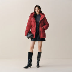Women's Red Drawstring-Waist Down Jacket