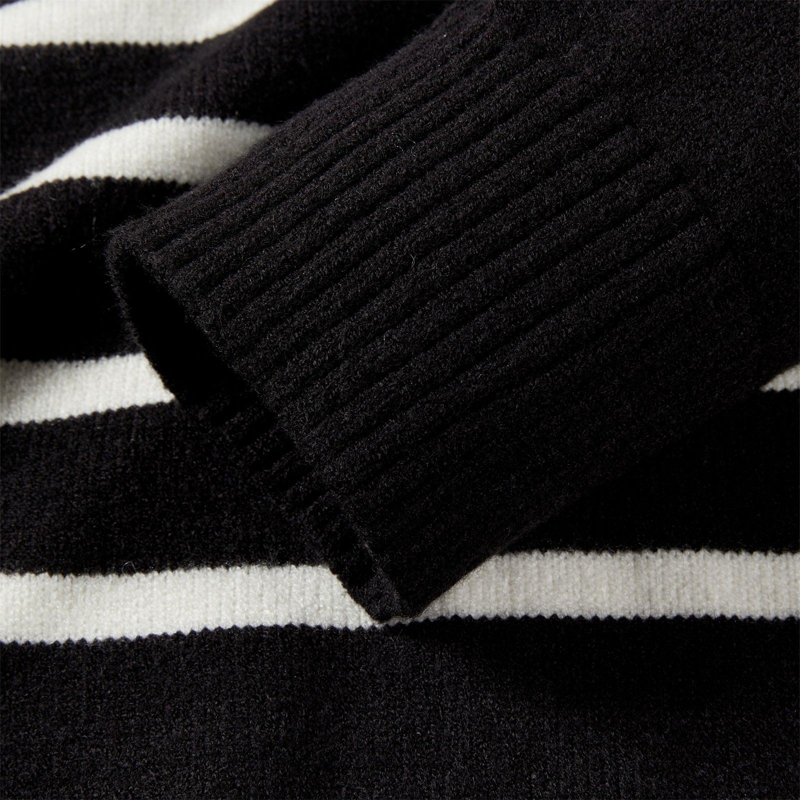 Women's Black Striped Button-Collar Knit Pullover