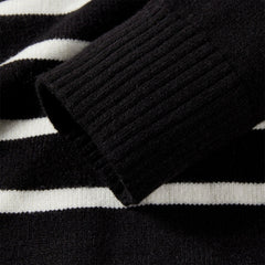 Women's Black Striped Button-Collar Knit Pullover