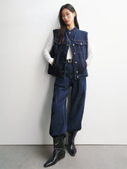 Women's Oversized Denim Vest with Statement Buttons