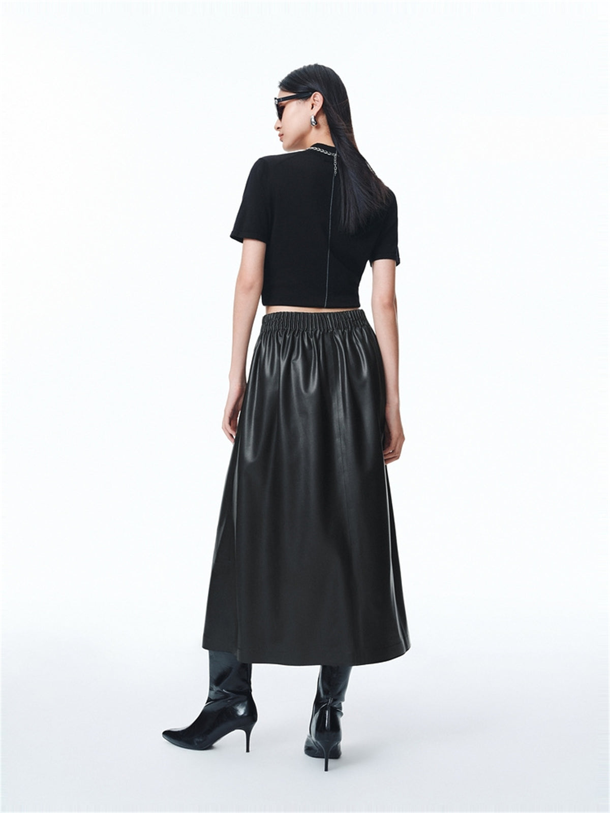 Women's PU Mid-Length Skirt with Elastic Waist