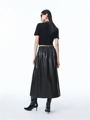 Women's PU Mid-Length Skirt with Elastic Waist