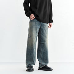 Men's Contrast Distressed Wide-Leg Jeans