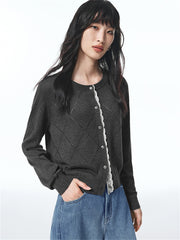 Women's Diamond Knit Cardigan with Lace Trim