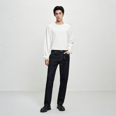 Men's Contrast-Stitch Straight Jeans with Fleece Lining