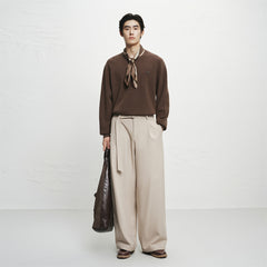 Men's Fleece-Lined Wide-Leg Suit Pants with Belt