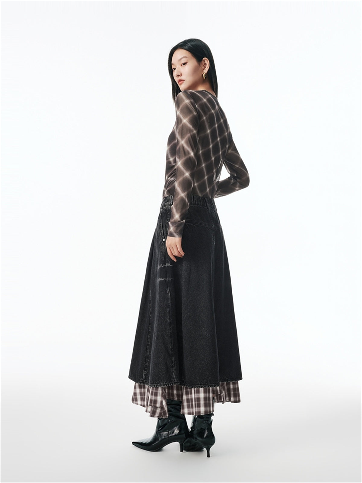 Women's A-Line Denim Skirt with Plaid Patchwork