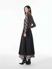 Women's A-Line Denim Skirt with Plaid Patchwork