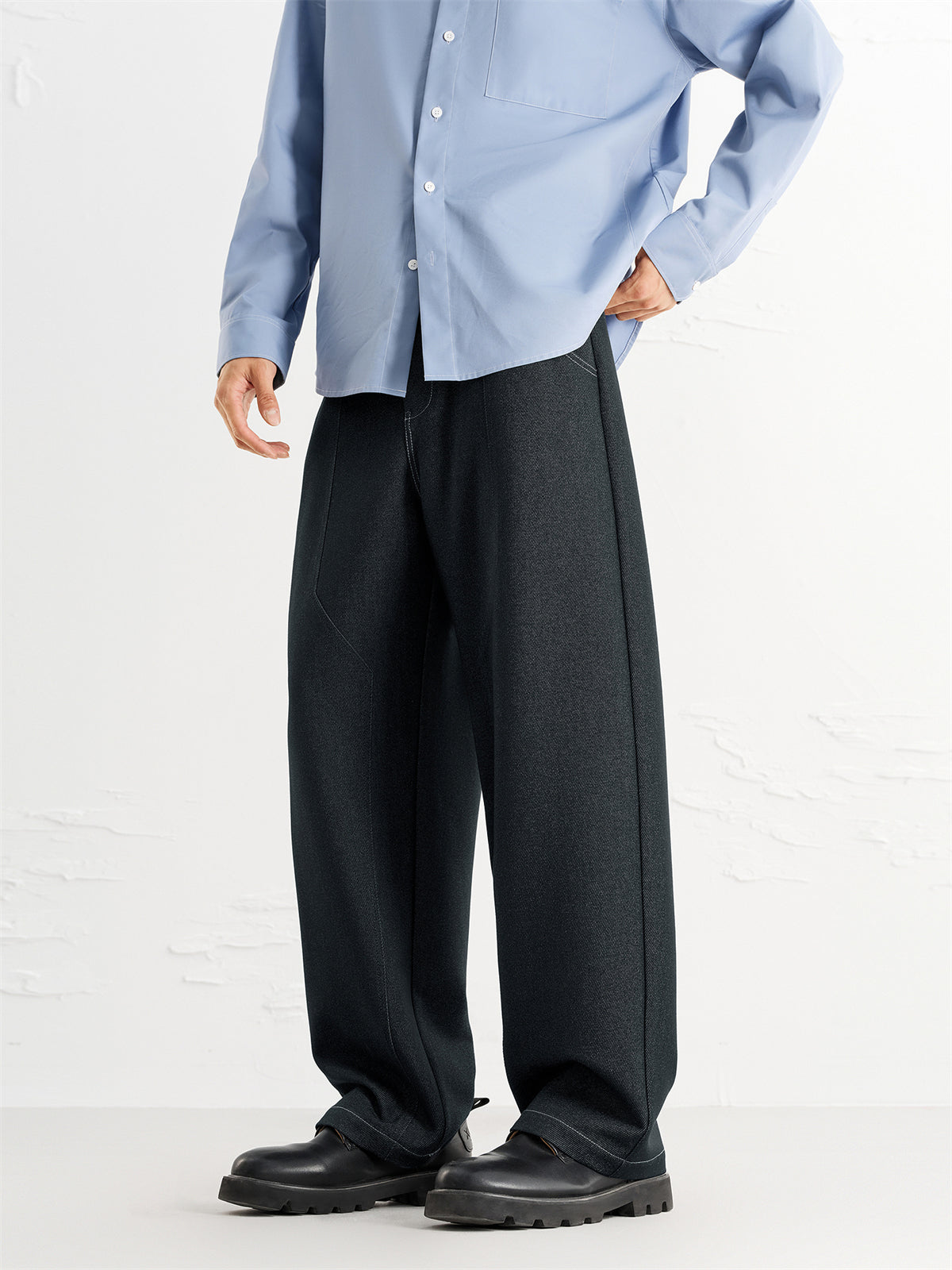 Men's Vintage Contrast-Stitched Wide-Leg Faux Denim Pants
