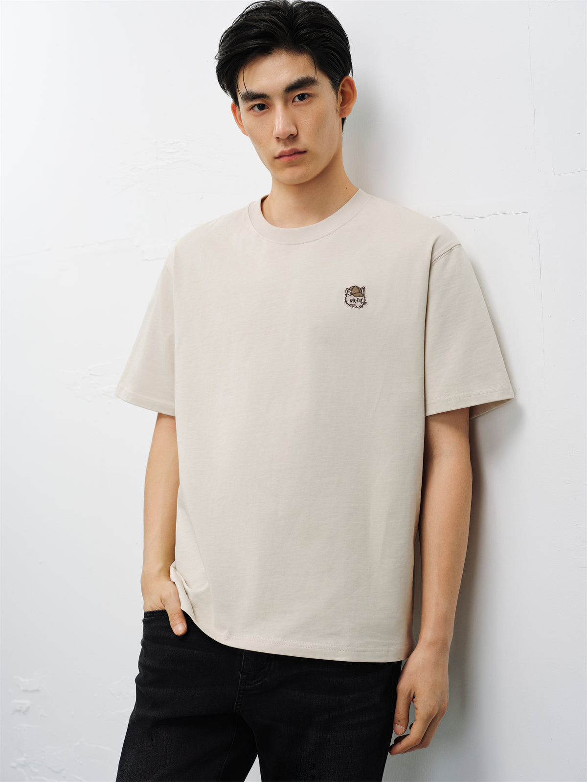 Men's Light Camel Cotton T-Shirt with Small Embroidery