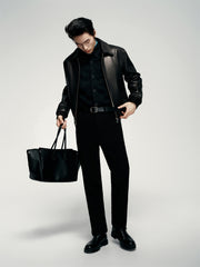 Men's Contrast Short Leather Bomber Jacket