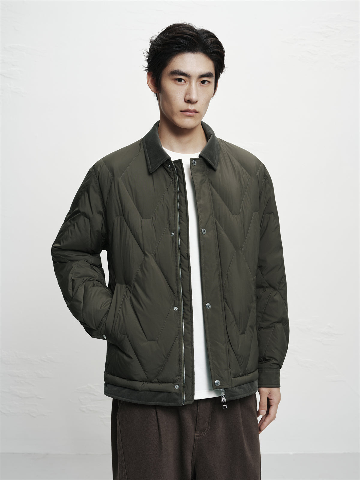 Men's Brown Down Jacket with Corduroy Collar