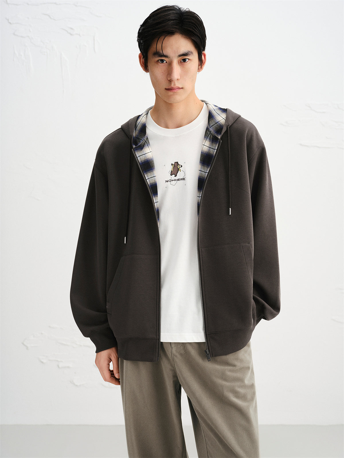 Men's Plaid Panel Zip-Up Hoodie