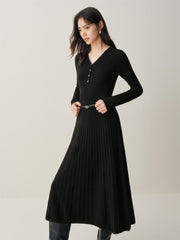 Women's Black Mid-Length Knit Dress with Belt
