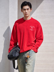 Men's Red Embroidered Crew Neck Pullover