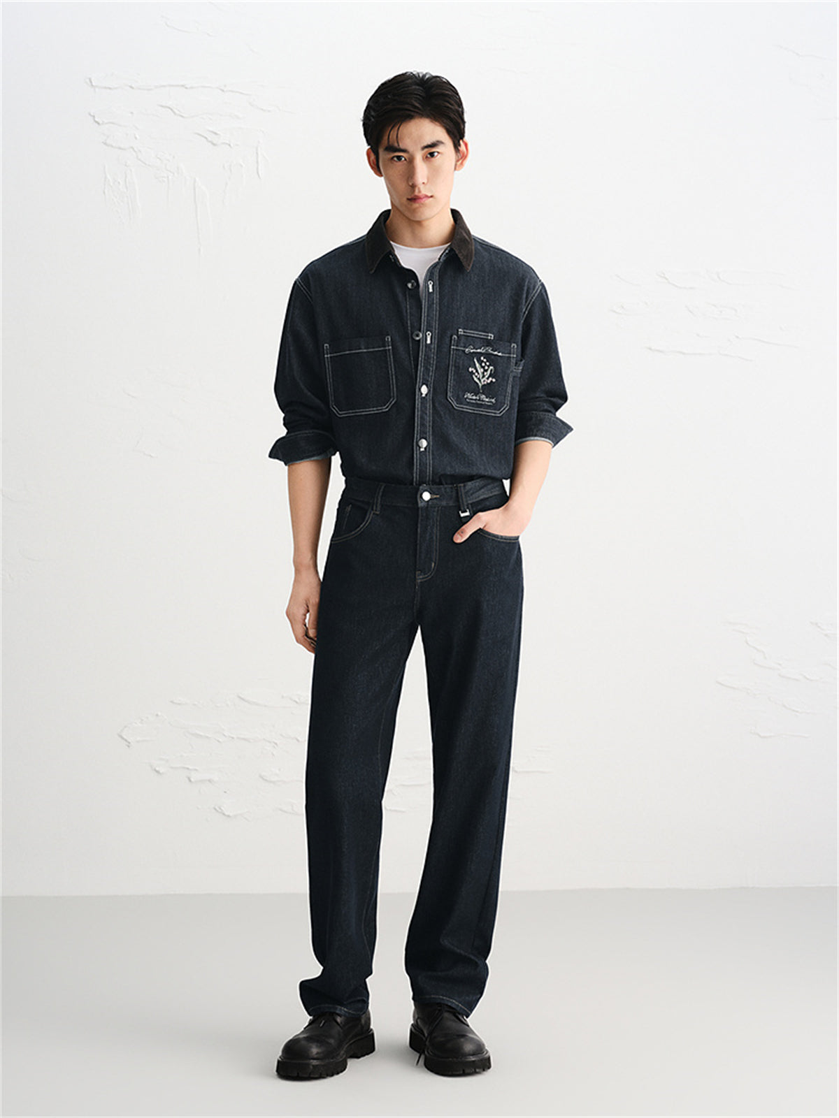Men's Embroidered Shirt with Corduroy Panels