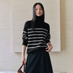 Women's Black Striped Button-Collar Knit Pullover