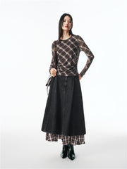Women's A-Line Denim Skirt with Plaid Patchwork