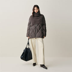 Women's Extra-Long Puffer Coat with Cable-Knit Shawl