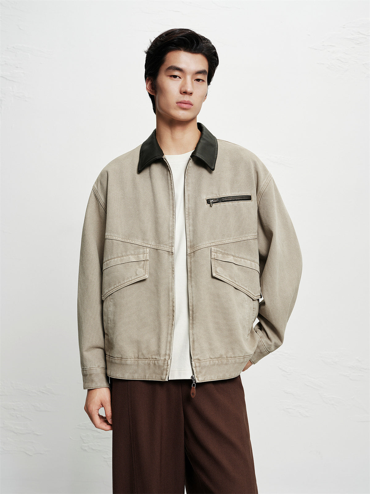 Men's Oversized Utility Jacket with PU Collar