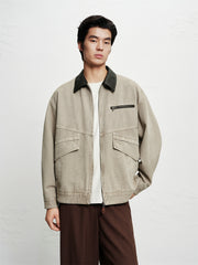 Men's Oversized Utility Jacket with PU Collar