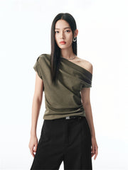Women's Off-Shoulder Pleated Acetate T-Shirt
