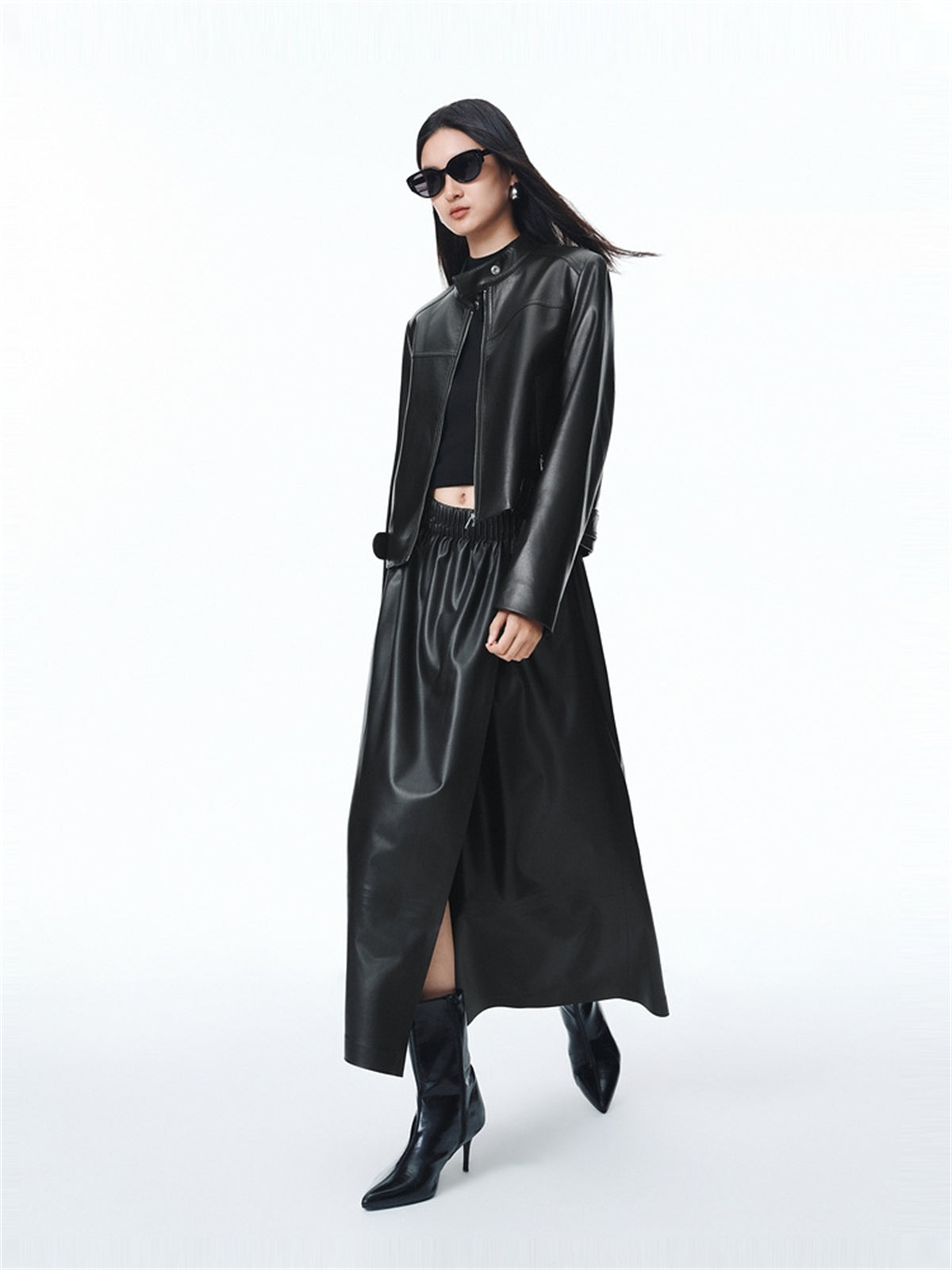 Women's PU Mid-Length Skirt with Elastic Waist