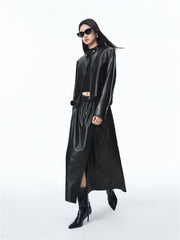 Women's PU Mid-Length Skirt with Elastic Waist