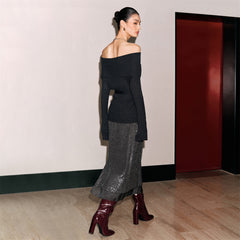 Women's Metallic Off-Shoulder Knit Top with Belt