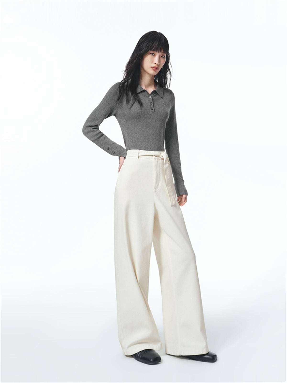 Women's Wide-Leg Jeans with Self-Fabric Belt