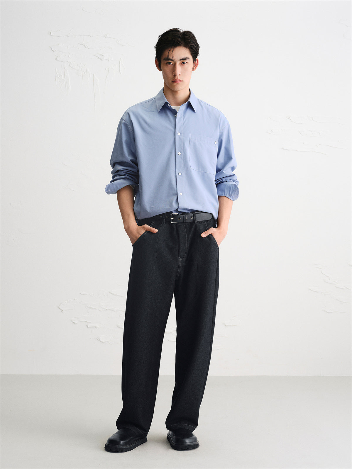 Men's Vintage Contrast-Stitched Wide-Leg Faux Denim Pants