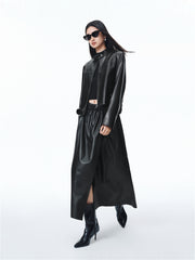 Women's PU Mid-Length Skirt with Elastic Waist