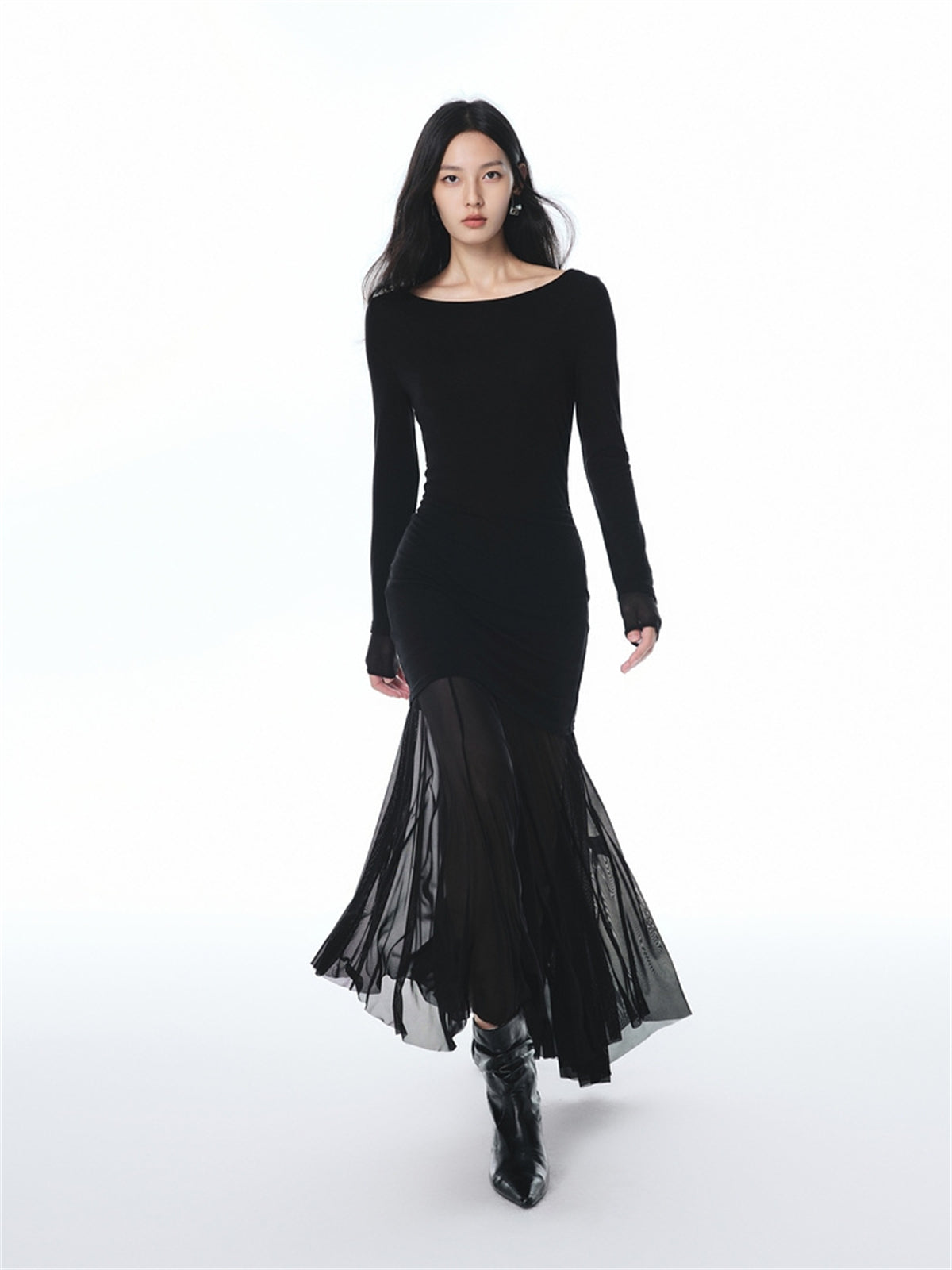 Women's Wool Blend Knit Dress with Mesh Panels