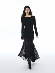 Women's Wool Blend Knit Dress with Mesh Panels