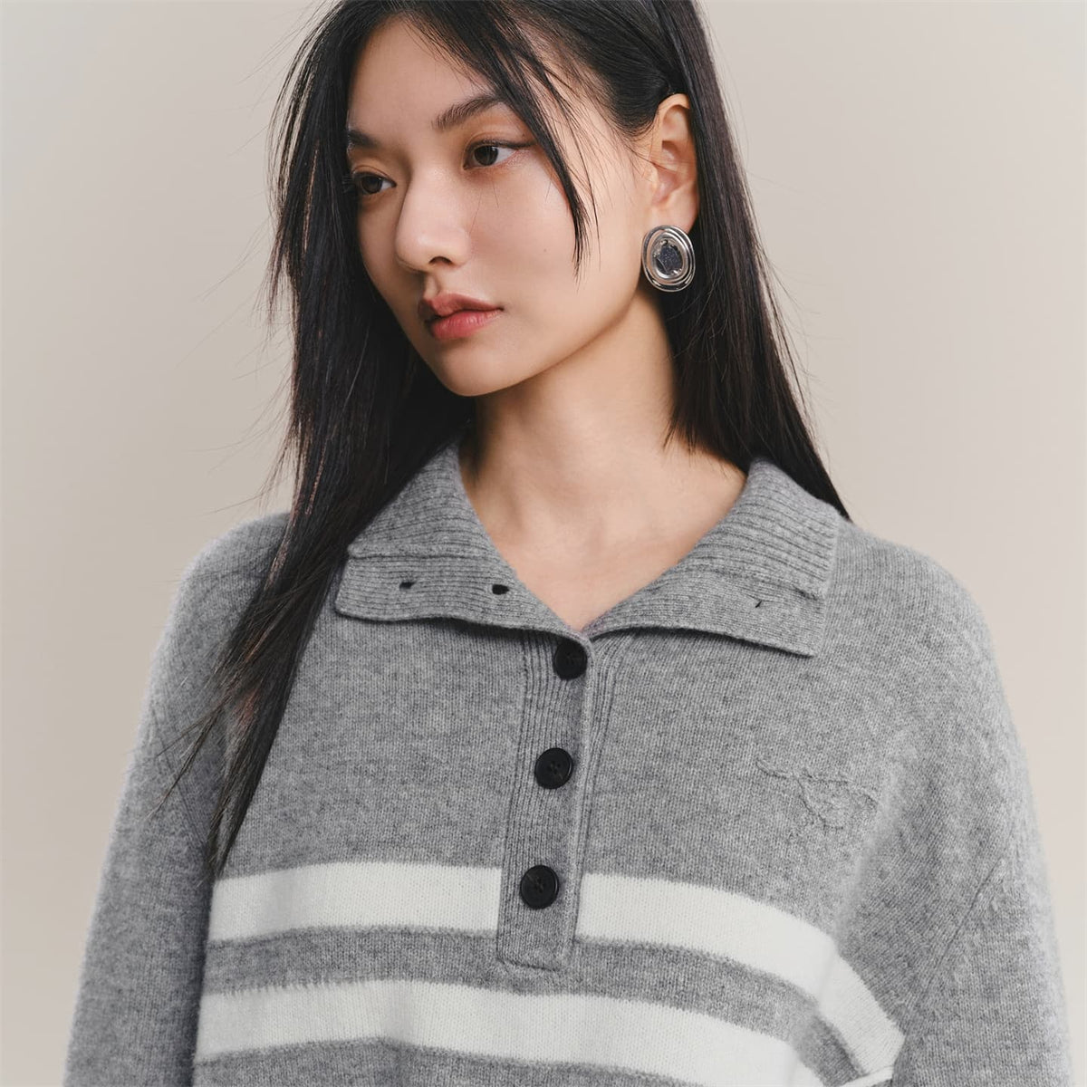Women's Pure Wool Mock-Neck Striped Sweater