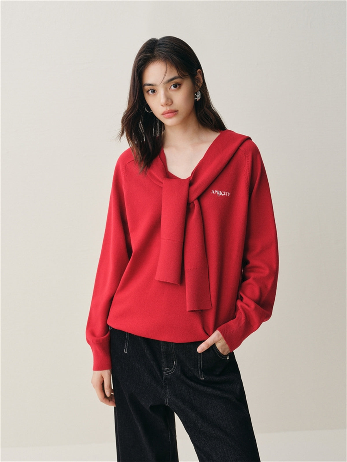 Women's V-Neck Knit Sweater with Detachable Hooded Cape